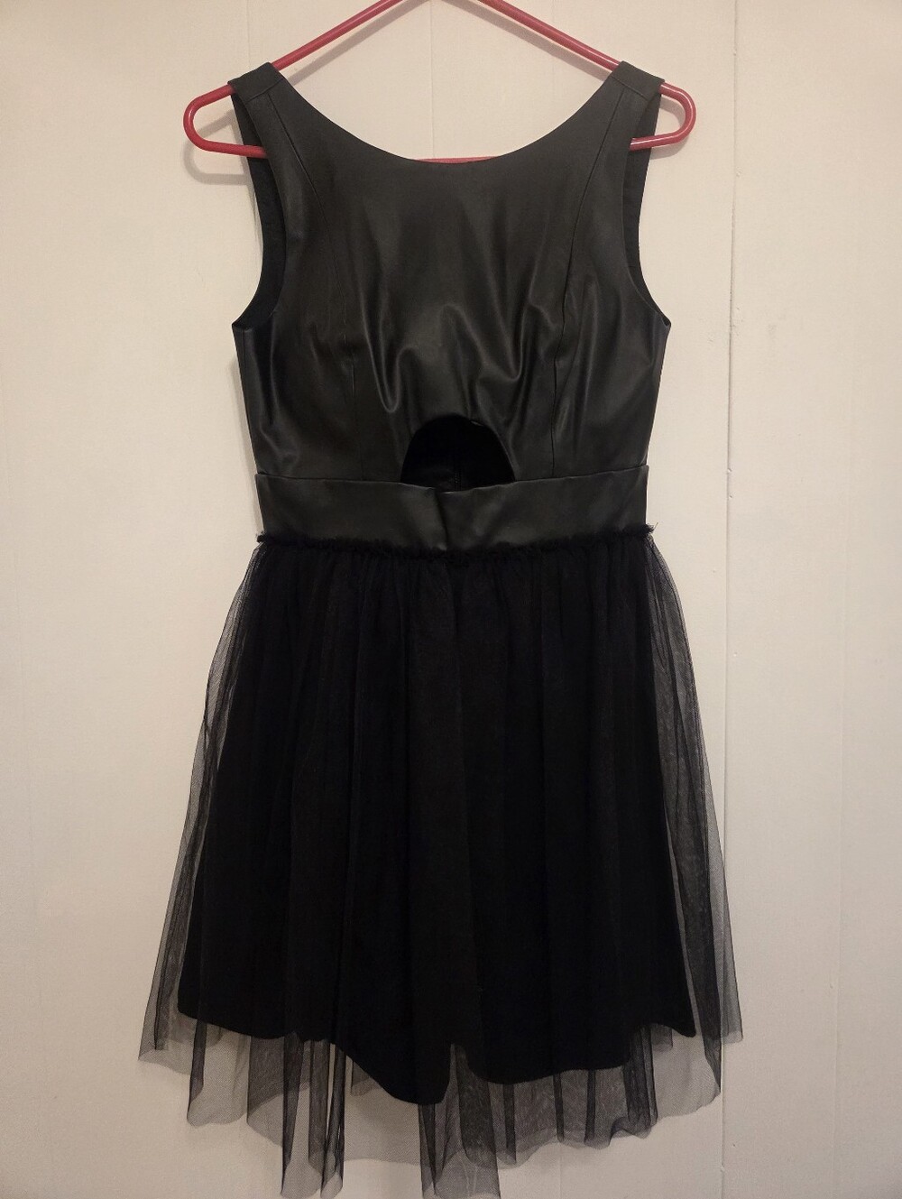 NWT BCBGeneration Black Faux Leather Dress With Tulle Skirt And Cut Out